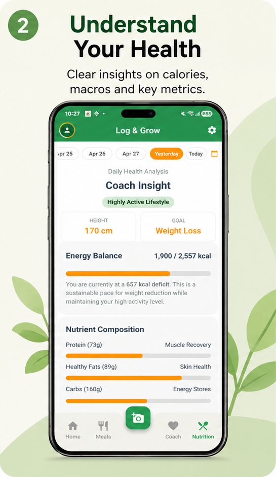 Log & Grow — Understand your health with clear insights on calories, macros and key metrics