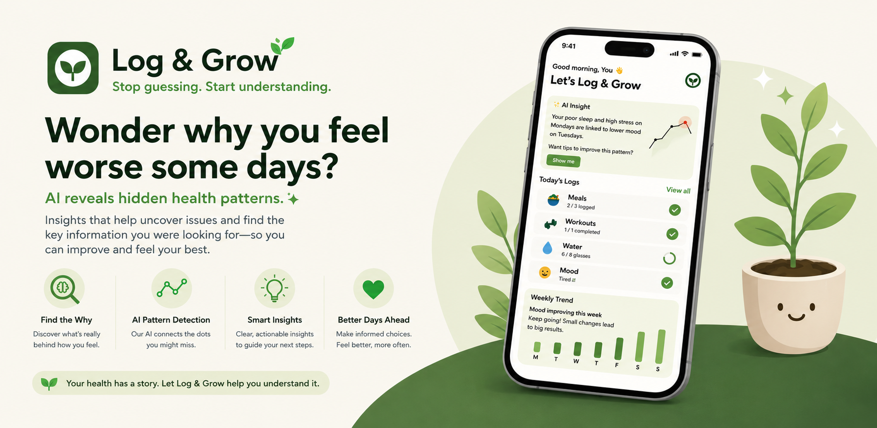 Log & Grow — Wonder why you feel worse some days? AI reveals hidden health patterns.